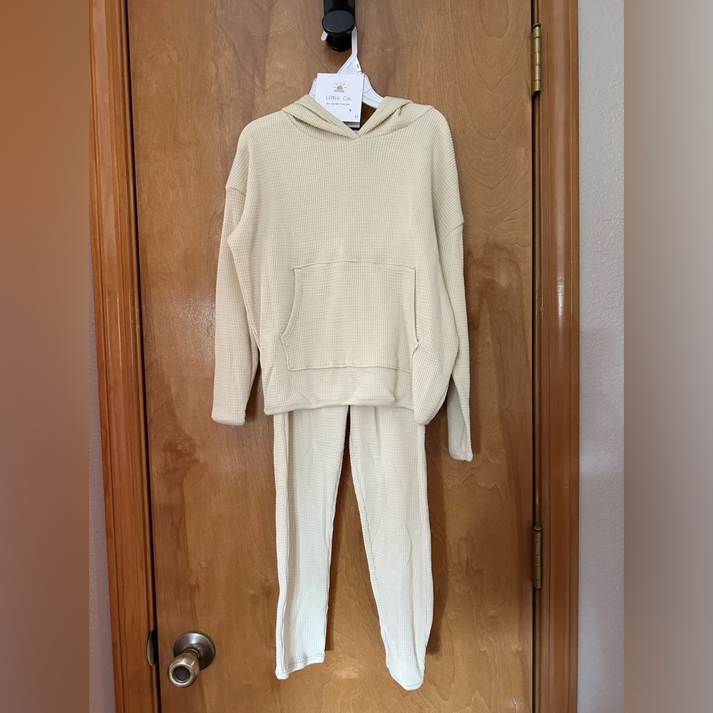 2 piece cozy ivory cream waffle design material long sleeve hoodie jogger set